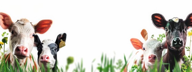 Fototapeta premium Four curious cows peeking through tall green grass, with clear blue sky in the background, capturing the essence of rural farm life and livestock curiosity. Concept of agriculture, farm animals, and c