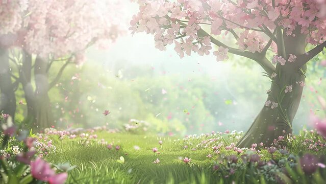 spring thematics background. beautiful spring in the garden with pink tree. seamless looping overlay 4k virtual video animation background