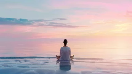 Foto op Plexiglas Woman meditating at peaceful lake seaside calming concept © The Stock Image Bank