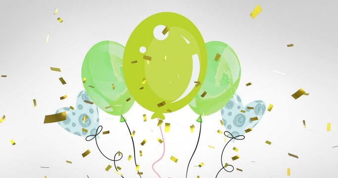 Animation of gold confetti falling over green and blue patterned party balloons on grey background