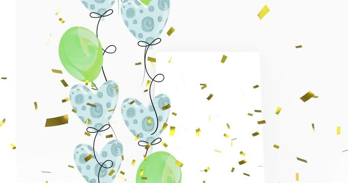 Animation of gold confetti falling with green and blue party balloons over white rectangle on grey