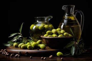 Nutritious Olive oil bottle virgin. Ripe extra food. Generate Ai