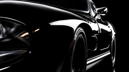 Luxurious Black Sports Car Close-Up with Sleek Bodywork in Dark Background - obrazy, fototapety, plakaty