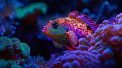 In the depths of the sunless seas a vibrant coral reef teems with life. Colorful and intricately patterned fish swim a the coral which glows softly in the absence of sunlight.