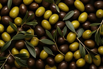 Peaceful Olive fresh background topview. Food plant. Generate Ai