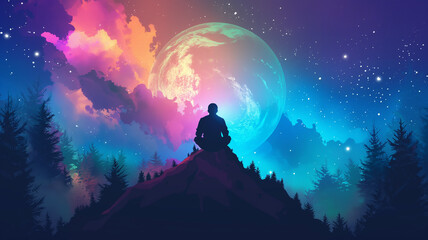 Silhouette of man sitting on the mountain top with independent and colorful beautiful sky