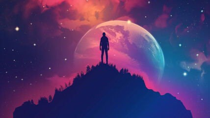 Silhouette of man standing on the mountain top and looking at the earth with independent and colorful beautiful sky