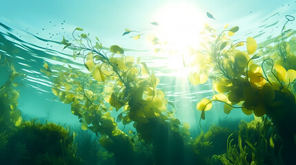 Fototapeta na wymiar Seaweed and natural sunlight underwater seascape in the ocean, landscape with seaweed