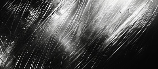 A close-up black and white image of a womans hair, showcasing a striking contrast between dark and light tones. The hair is intricately styled, with textured patterns and lines scratched into the