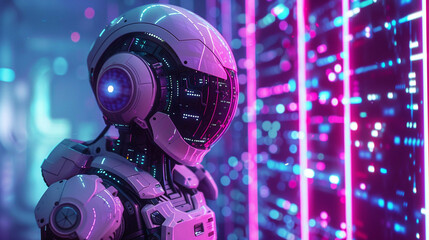 Futuristic Robot with Glowing Visor and Neon Lights