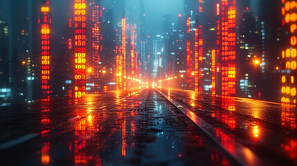 A sleek holographic projection of a futuristic cityscape overlaid with financial data and analysis. The motion graphics illustrate the interconnectedness of economic growth