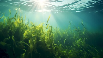 Fototapeta na wymiar Seaweed and natural sunlight underwater seascape in the ocean, landscape with seaweed