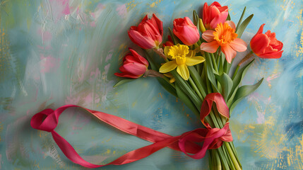Beautiful bouquet of tulips and daffodils, greeting card