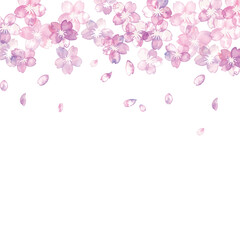 水彩画。水彩タッチの綺麗な桜の花びら背景。桜の舞う和風背景。Watercolor painting. Beautiful cherry petal background with watercolor touch. Japanese style background with dancing cherry blossoms.