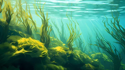 Foto op Plexiglas Seaweed and natural sunlight underwater seascape in the ocean, landscape with seaweed © Derby