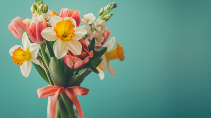 Beautiful bouquet of tulips and daffodils, greeting card