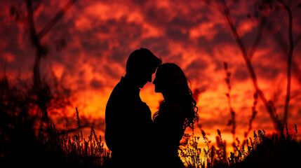 a husband and wife hugging against the backdrop of the setting sun, the sky emitting dramatic orange and red hues, Ai generated Images