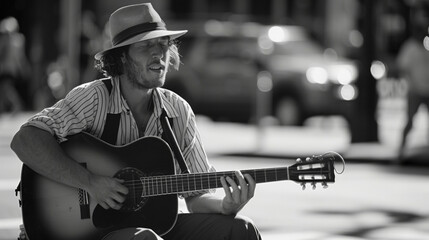 A street performer playing an acoustic guitar on a busy street corner wearing a fedora hat and suspenders adding a touch of nostalgia to the modern atmosphere. - obrazy, fototapety, plakaty