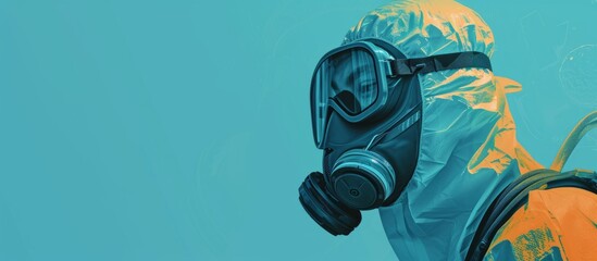 Apocalyptic man in gas mask standing in toxic environment, breathing heavy air