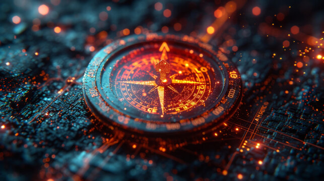 A futuristic compass with arrows pointing towards different financial goals symbolizing the importance of setting and navigating towards achievable and strategic financial