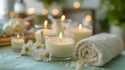 Obraz na płótnie Canvas Tranquil Spa Ambiance with Candles, White Towels, Daisy Flowers, and Bath Salts for Relaxation and Wellness