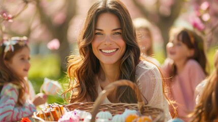 Smiling Young Woman Enjoying a Sunny Spring Day Outdoors, Children Playing in the Background, Celebrating Easter with a Basket of Eggs