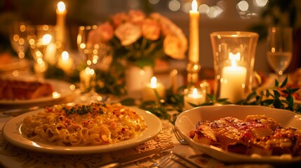 Fototapeta premium Elegant Candlelit Dinner Table Setting with Gourmet Food and Floral Decorations