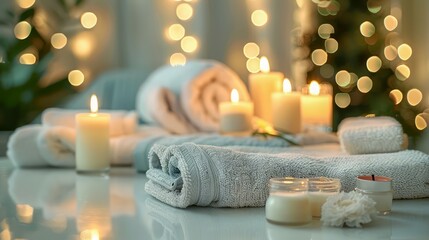 Fototapeta na wymiar Tranquil Spa Setting with Candles, Towels, and Festive Lights for Relaxation and Wellness