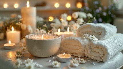 Fototapeta na wymiar Luxurious Spa Setting with Candles, Fresh Towels, and Flower Decoration for Wellness and Relaxation