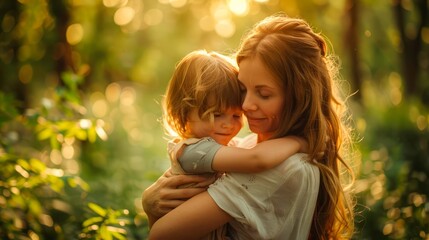 Loving Mother Embracing Her Child in Warm Sunlit Nature - Family Bonding, Affectionate Care, and Serene Moments