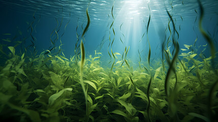 Seaweed and natural sunlight underwater seascape in the ocean, landscape with seaweed - obrazy, fototapety, plakaty