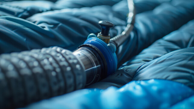 A macro shot of a pump nozzle connected to an airbed valve preparing to fill the mattress with air for a cozy and supportive sleeping surface.