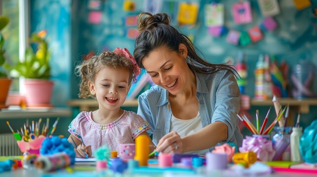 Smiling Mother and Daughter Enjoying Arts and Crafts Together at Home with Colorful Art Supplies on Table