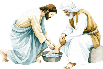 Watercolor Christian Easter Clipart. Christian Faith and Resurrection Art. Handmade Christian Easter Clipart for Spiritual Celebrations. Religious Easter Watercolor Jesus Washing Feet.