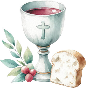 Watercolor Christian Easter Clipart. Christian Faith and Resurrection Art. Handmade Christian Easter Clipart for Spiritual Celebrations. Religious Easter Watercolor Chalice and Bread.