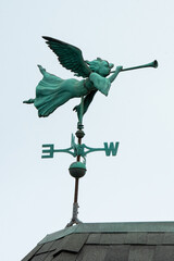 Turquoise Copper Patina Gabriel Angel blowing Trumpet wind vane weather vane - obrazy, fototapety, plakaty