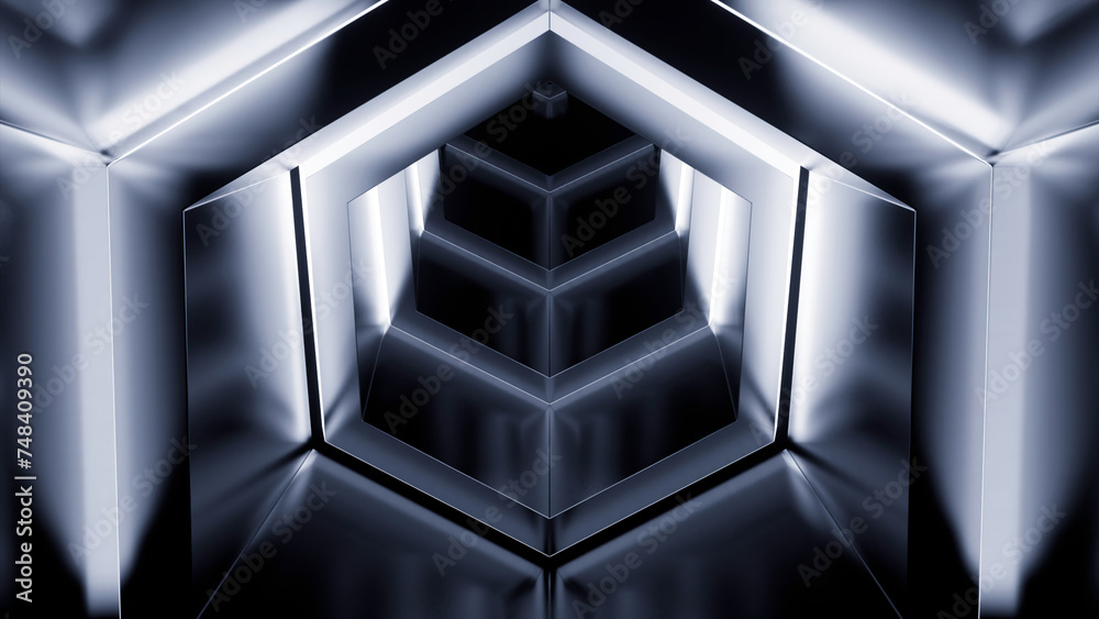 Poster abstract monochrome hexagon shapes creating effect of a tunnel. design. flying through neon frames.