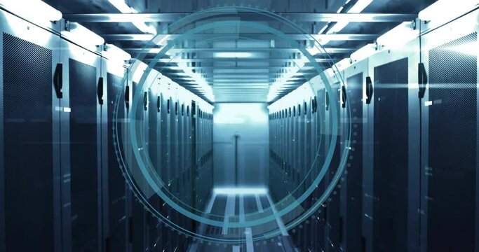 Animation of cyber security text, digital data processing over computer servers