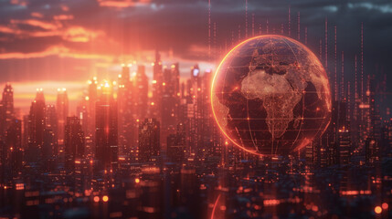 A holographic globe spins in front of a futuristic skyline with lines of light representing the yearly revenue comparison of a companys global branches. The graph symbolizes