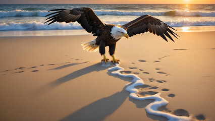 Basking in the warm glow of the setting sun a bald eagle makes its way to a sandy beach and leaving a trail of soft footprints in the sand, a symbol of nature's beauty and power.