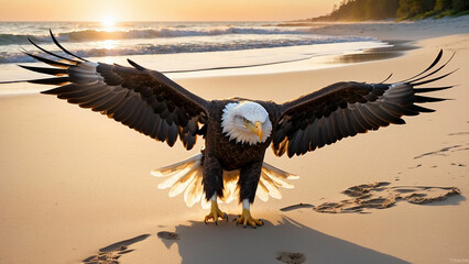 Basking in the warm glow of the setting sun a bald eagle makes its way to a sandy beach and leaving a trail of soft footprints in the sand, a symbol of nature's beauty and power.