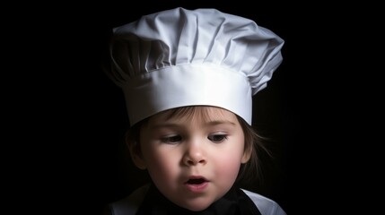 Adorable Child in Chef Hat: Aspiring Young Cook Portrait on Black Background