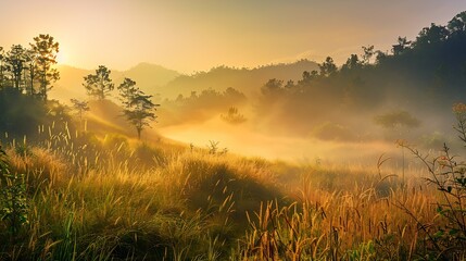 Sunrise and fog At Huai Nam Dang National park Chiang Mai Thailand : Generative AI