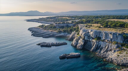 Aerial view of mystical stone formation on the coast of Kamenjak in Istria Croatia : Generative AI