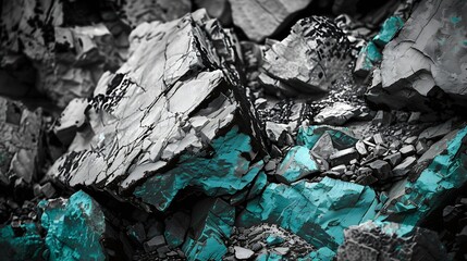 Monochrome dark turquoise toned rock texture Weathered crumbling mountain surface Closeup...