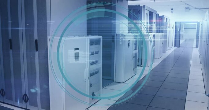 Animation of cyber security text, digital data processing over computer servers