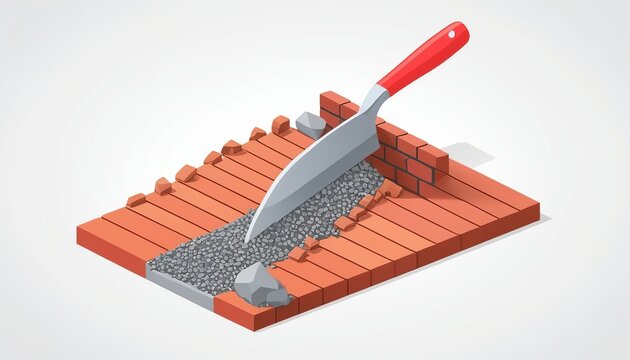 Realistic Trowel, Red Brick Wall and Cement Pile in Modern Design