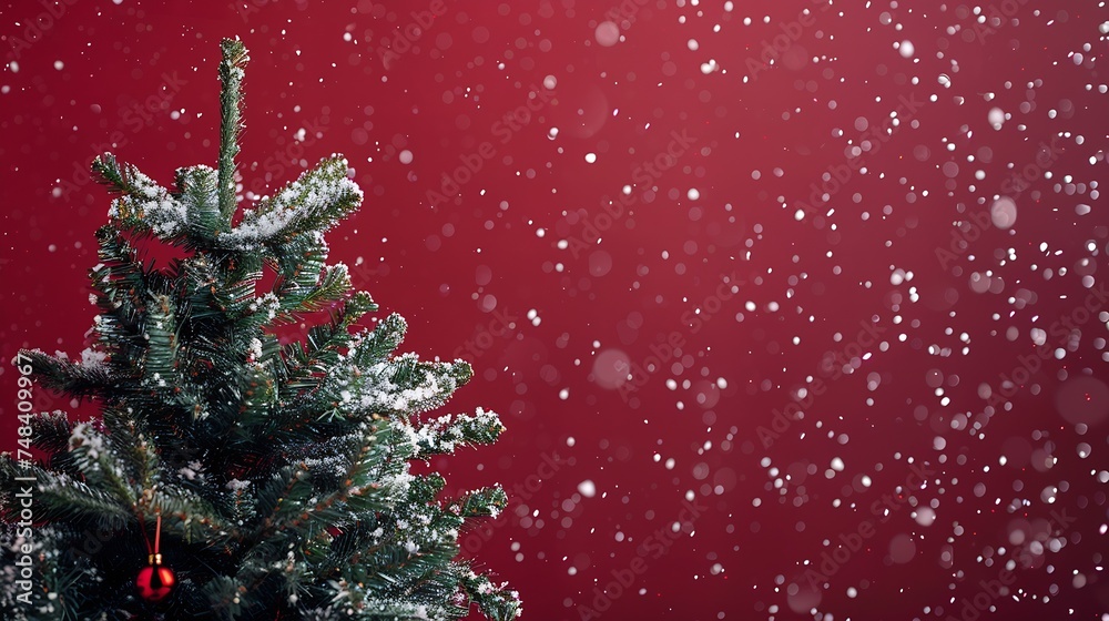 Poster beautiful green elegantly decorated christmas tree on an evening dark red background with flying sno