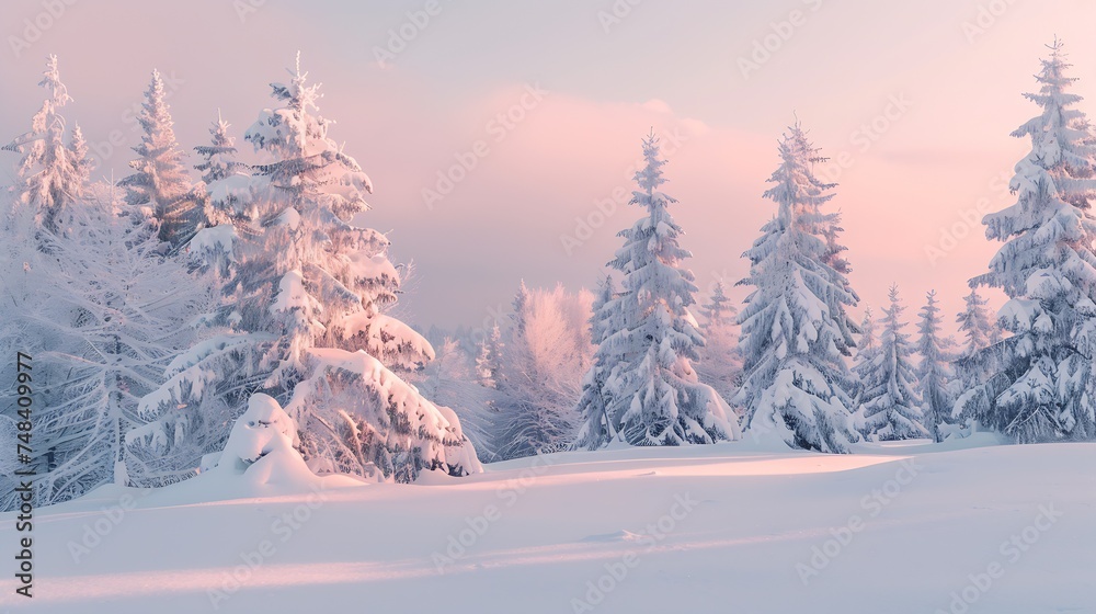 Aufkleber beautiful fairy winter trees and fir trees glow in the snowcovered forest park in the snow in the su