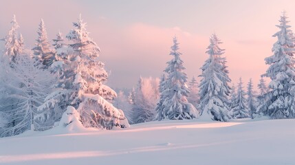 Beautiful fairy winter Trees and fir trees glow in the snowcovered forest park in the snow in the sunlight at dawn in pink tones Magnificent wonderful winter nature : Generative AI